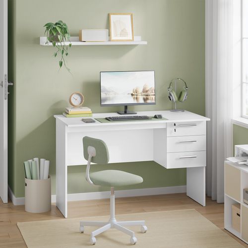 Table De Bureau. Bureau D'ordinateur. Table De Travail PC Avec 3 Tiroirs+Verrou. 120x59x75cm. Blanc