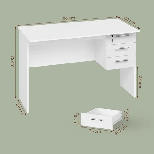 Table De Bureau. Bureau D'ordinateur. Table De Travail PC Avec 3 Tiroirs+Verrou. 120x59x75cm. Blanc