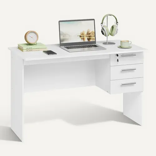 Table De Bureau. Bureau D'ordinateur. Table De Travail PC Avec 3 Tiroirs+Verrou. 120x59x75cm. Blanc