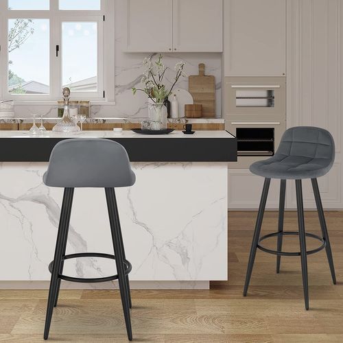 Lot De 4 Tabourets De Bar Modernes. Chaise De Cuisine En Velours+Métal. Hauteur D'assise. Gris Foncé