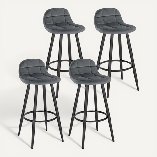 Lot De 4 Tabourets De Bar Modernes. Chaise De Cuisine En Velours+Métal. Hauteur D'assise. Gris Foncé
