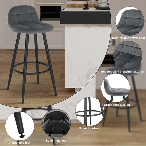 Lot De 4 Tabourets De Bar Modernes. Chaise De Cuisine En Velours+Métal. Hauteur D'assise. Gris Foncé