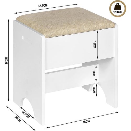 Tabouret Coiffeuse. Chaise De Maquillage Rembourré. 40x30x45cm. Siège En Lin et MDF. Beige+Blanc