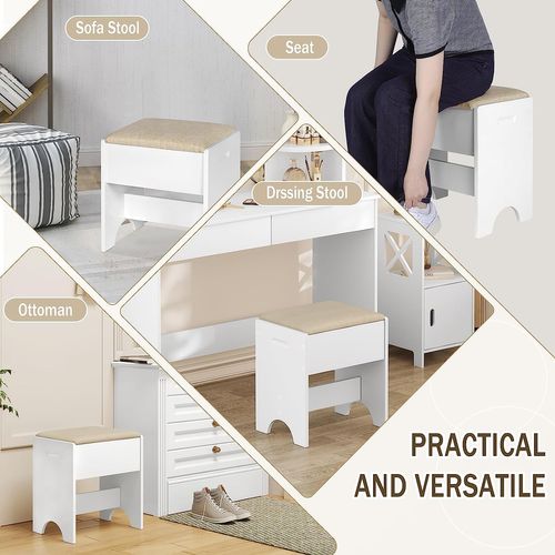 Tabouret Coiffeuse. Chaise De Maquillage Rembourré. 40x30x45cm. Siège En Lin et MDF. Beige+Blanc