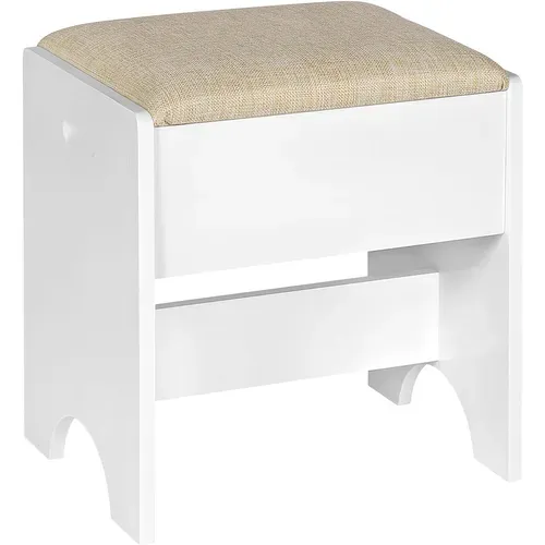 Tabouret Coiffeuse. Chaise De Maquillage Rembourré. 40x30x45cm. Siège En Lin et MDF. Beige+Blanc