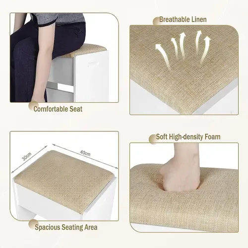 Tabouret Coiffeuse. Chaise De Maquillage Rembourré. 40x30x45cm. Siège En Lin et MDF. Beige+Blanc