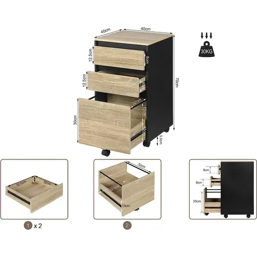 Caisson Mobile. Meuble Rangement Bureau Avec 3 Tiroirs. 40x40x70cm. Chêne Clair Et Noir