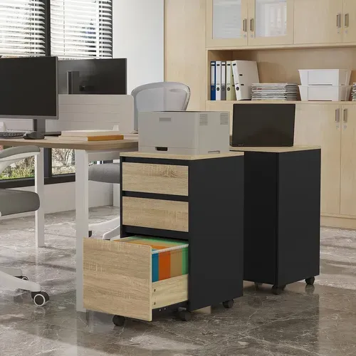 Caisson Mobile. Meuble Rangement Bureau Avec 3 Tiroirs. 40x40x70cm. Chêne Clair Et Noir