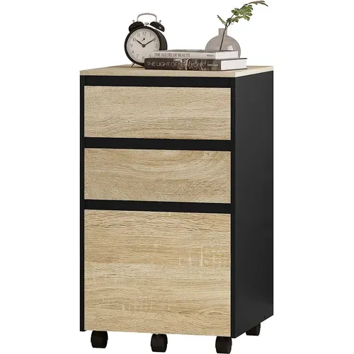Caisson Mobile. Meuble Rangement Bureau Avec 3 Tiroirs. 40x40x70cm. Chêne Clair Et Noir