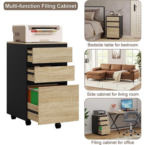 Caisson Mobile. Meuble Rangement Bureau Avec 3 Tiroirs. 40x40x70cm. Chêne Clair Et Noir