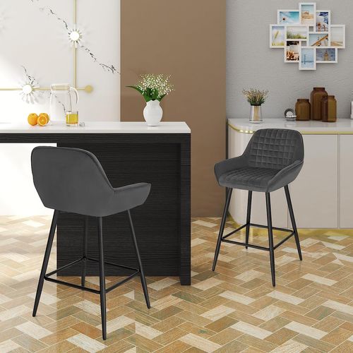 Lot De 2 Chaise Haute Pour Bar. Tabourets De Bar En Velours. Cadre En Métal. Gris Foncé
