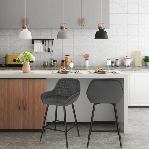 Lot De 2 Chaise Haute Pour Bar. Tabourets De Bar En Velours. Cadre En Métal. Gris Foncé