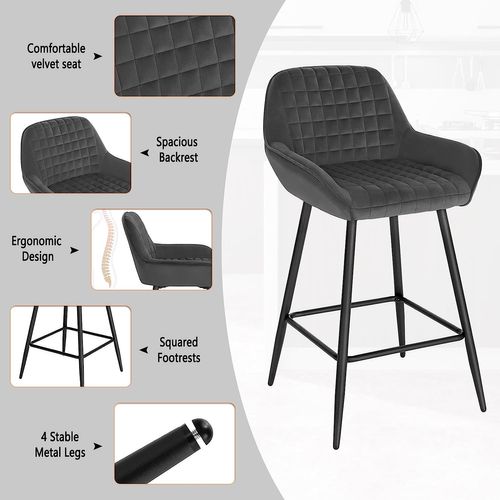 Lot De 2 Chaise Haute Pour Bar. Tabourets De Bar En Velours. Cadre En Métal. Gris Foncé