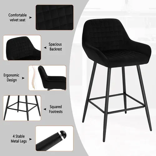 Lot De 2 Chaise Haute Pour Bar. Tabourets De Bar En Velours. Cadre En Métal. Noir