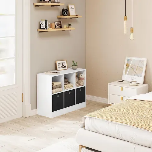 Bibliothèque Meuble De Rangement Avec 6 Casiers 3 Tiroirs En Tissu 80x30x60cm Blanc