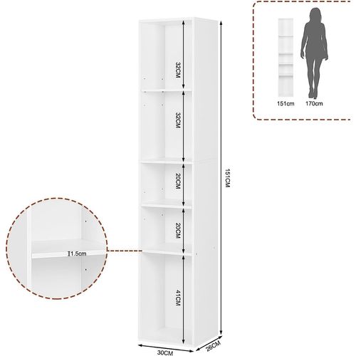 Bibliothèque Étagère. Colonne Avec 5 Casiers Ouverts. 30x26x151cm. Blanc