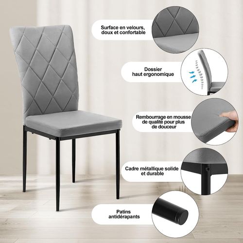 Lot De 4 Chaises Salle à Manger. Chaise De Cuisine En Velours.pieds En Métal. Gris Foncé