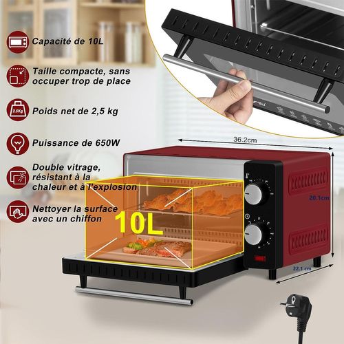 Mini Four Électrique 10l-petit Four Avec 4 Modes De Cuisson-100-230℃-minuterie 0-60 Min-650w-rouge