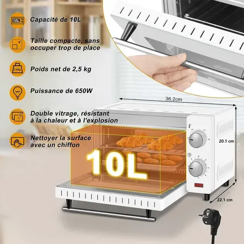 Mini Four Électrique 10l-petit Four Avec 4 Modes De Cuisson-100-230℃-minuterie 0-60 Min-650w-blanc