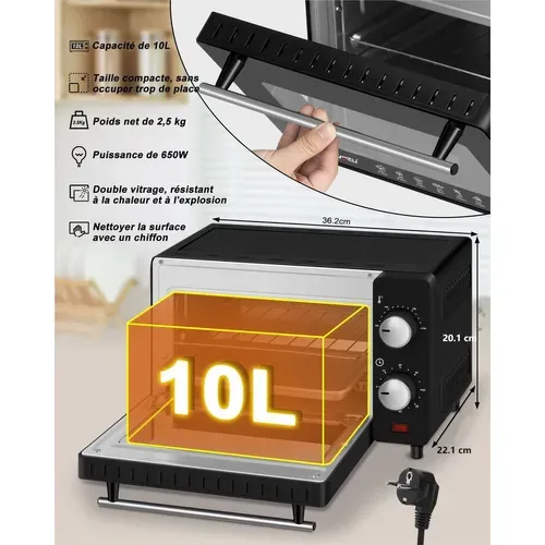 Mini Four Électrique 10l-Petit Four Avec 4 Modes De Cuisson-100-230℃-Minuterie 0-60 Min-650W-Noir