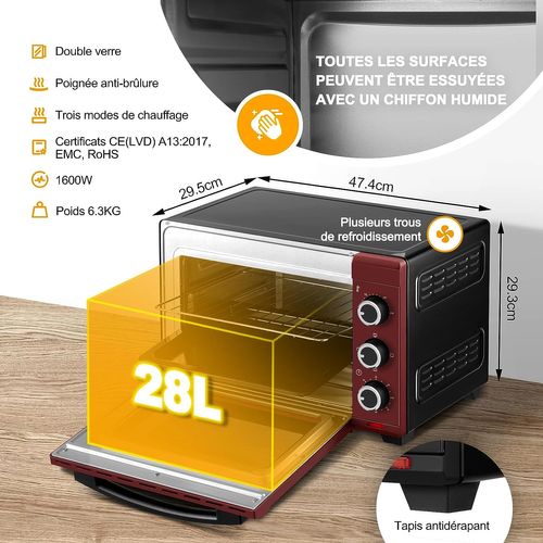 Mini Four 28  1600 W-100-230°c- Minuterie 0-60 Min- 3 Modes De Cuisine - Rouge+noir