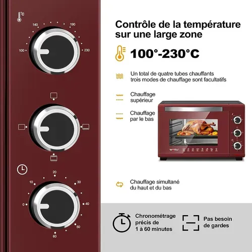 Mini Four 28  1600 W-100-230°c- Minuterie 0-60 Min- 3 Modes De Cuisine - Rouge+noir