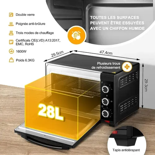Mini Four 28l - 1600 W-100-230°c-Minuterie 0-60 Min- 3 Modes -Noir