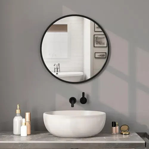 Miroir Rond Mural.cadre En Métal Noir.miroir Décoratif Pour Salle De Bain/chambre/salon/ 60x60cm