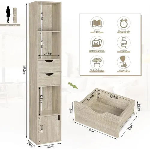 Bibliothèque Étagère. Colonne Avec 2 Tiroirs et 1 Casier. 30x24x158cm. Chêne Clair