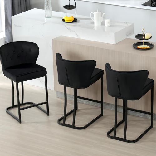 Lot De 4 Tabourets De Bar En Velours-Chaise Ergonomique Pour Cuisine/Salon-Pieds En Métal-Noir