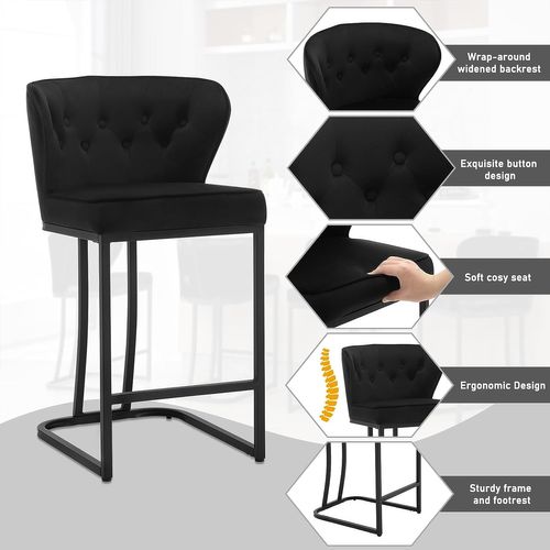Lot De 4 Tabourets De Bar En Velours-Chaise Ergonomique Pour Cuisine/Salon-Pieds En Métal-Noir