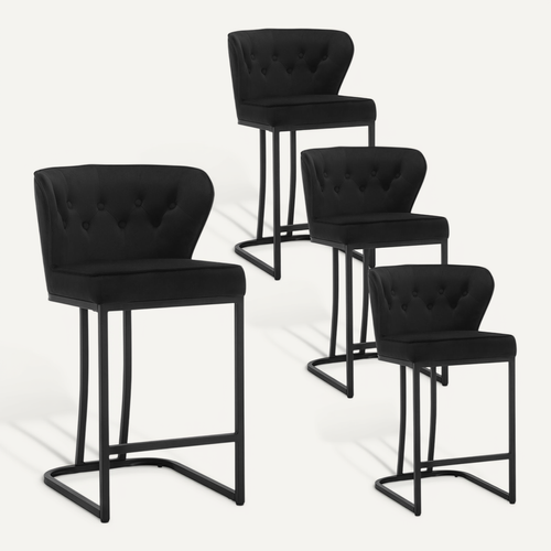 Lot De 4 Tabourets De Bar En Velours-Chaise Ergonomique Pour Cuisine/Salon-Pieds En Métal-Noir