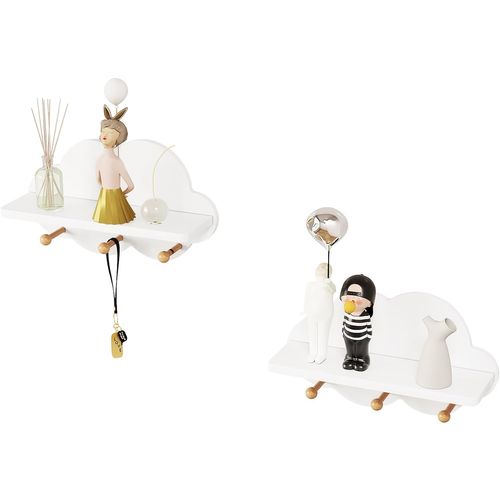 Lot De 2 Étagères Murale Nuage,bibliothèques Enfant Avec 3 Crochets,en Mdf,36x20,5x12cm,blanc