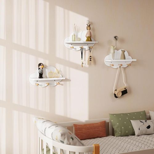 Lot De 3 Étagères Murale Nuage,bibliothèques Enfant Avec 3 Crochets,en Mdf,36x20,5x12cm,blanc