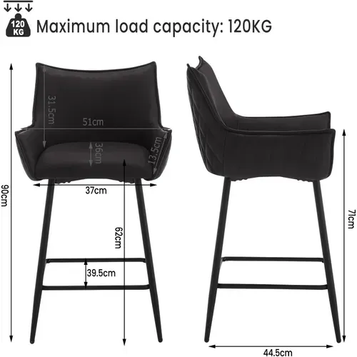 Lot De 2 Tabourets De Bar, Chaise De Salle à Manger En Similicuir Avec Pieds En Métal, Anthracite