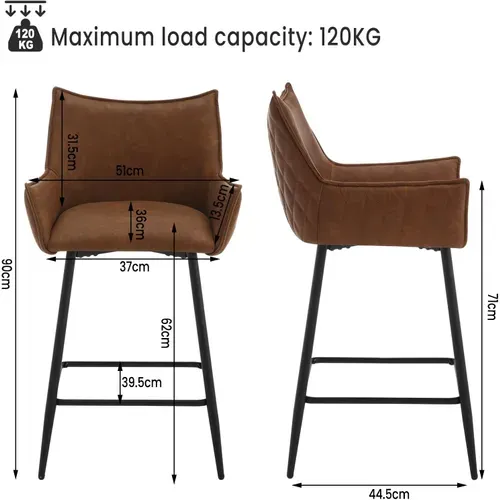 Lot De 6 Tabourets De Bar, Chaise De Salle à Manger En Similicuir Avec Pieds En Métal, Marron