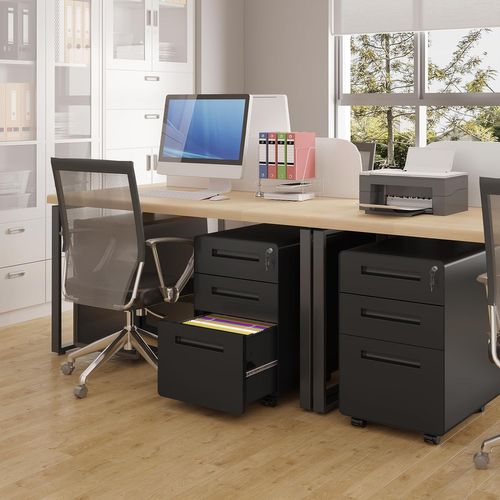 Caisson Bureau à Roulettes,Meuble Rangement Bureau Avec 3 Tiroirs Verrouillable,En Métal,Noir
