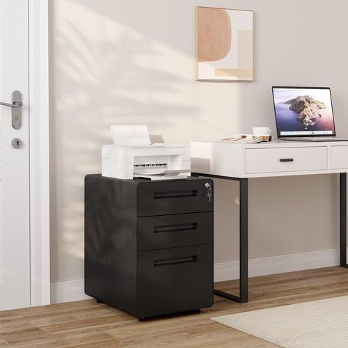Caisson Bureau à Roulettes,Meuble Rangement Bureau Avec 3 Tiroirs Verrouillable,En Métal,Noir