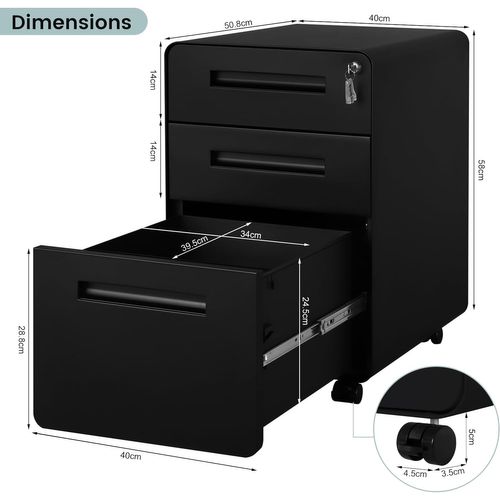 Caisson Bureau à Roulettes,Meuble Rangement Bureau Avec 3 Tiroirs Verrouillable,En Métal,Noir