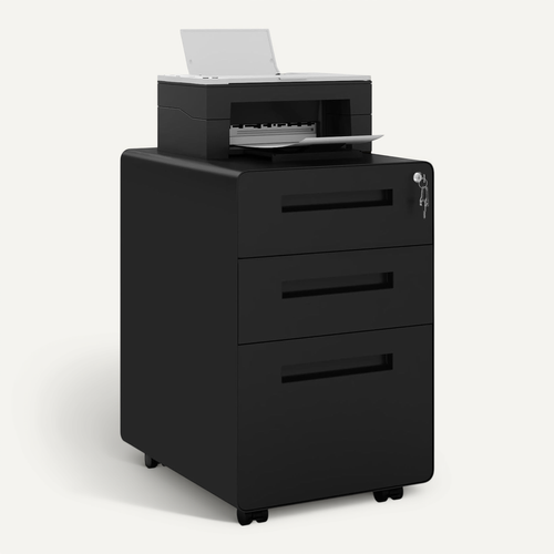Caisson Bureau à Roulettes,Meuble Rangement Bureau Avec 3 Tiroirs Verrouillable,En Métal,Noir