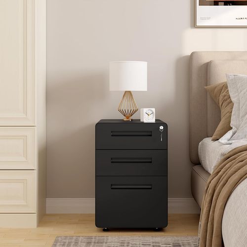 Caisson Bureau à Roulettes,Meuble Rangement Bureau Avec 3 Tiroirs Verrouillable,En Métal,Noir