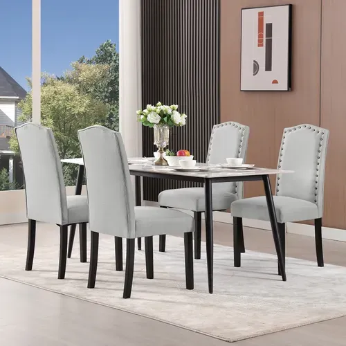 Lot De 6 Chaises Salle à Manger, Chaise Cuisine, Siège Rembourré En Lin, Pieds En Bois, Gris Clair