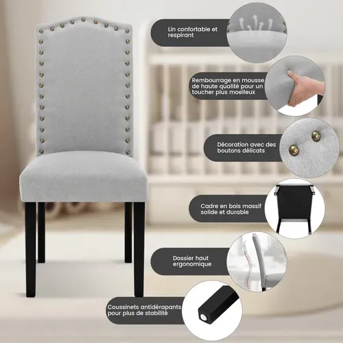 Lot De 6 Chaises Salle à Manger, Chaise Cuisine, Siège Rembourré En Lin, Pieds En Bois, Gris Clair