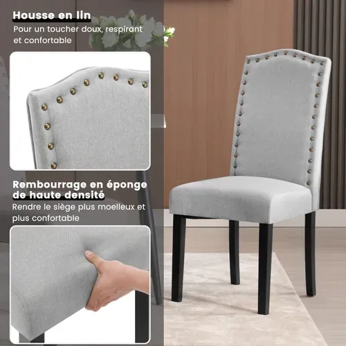 Lot De 6 Chaises Salle à Manger, Chaise Cuisine, Siège Rembourré En Lin, Pieds En Bois, Gris Clair