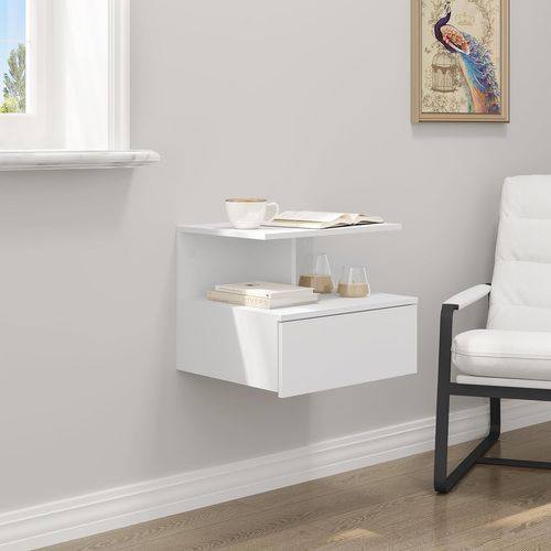 Table De Chevet Suspendue,Étagère Murale Avec Tiroir+Compartiment Ouvert,En Bois,40x35x31cm,Blanc