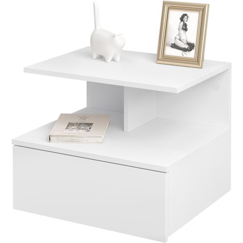 Table De Chevet Suspendue,Étagère Murale Avec Tiroir+Compartiment Ouvert,En Bois,40x35x31cm,Blanc