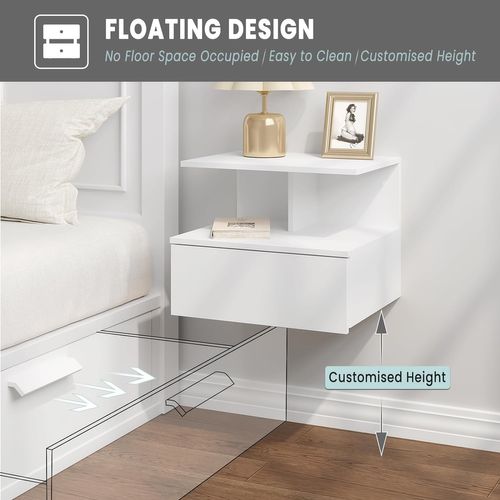 Table De Chevet Suspendue,Étagère Murale Avec Tiroir+Compartiment Ouvert,En Bois,40x35x31cm,Blanc