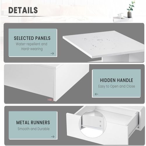 Table De Chevet Suspendue,Étagère Murale Avec Tiroir+Compartiment Ouvert,En Bois,40x35x31cm,Blanc