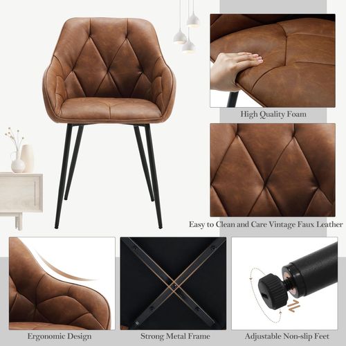 Lot De 6 Chaise De Salle à Manger Rembourrée, Pieds En Métal, En Simili Cuir Vintage, Marron