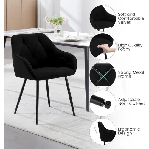 Lot De 6 Chaises De Salle à Manger. Chaise De Cuisine En Velours Rembourrée. Pieds En Métal. Noir